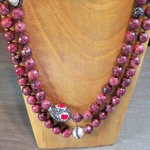 Faceted Red Jasper Necklace w/ Rhinestone & Freshwater Pearls Sterling Clasp